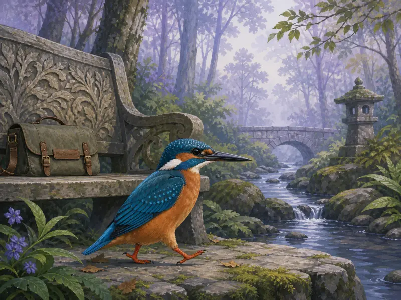 A vibrant kingfisher walking on stone steps by an ornate bench and a forest creek with a stone bridge.