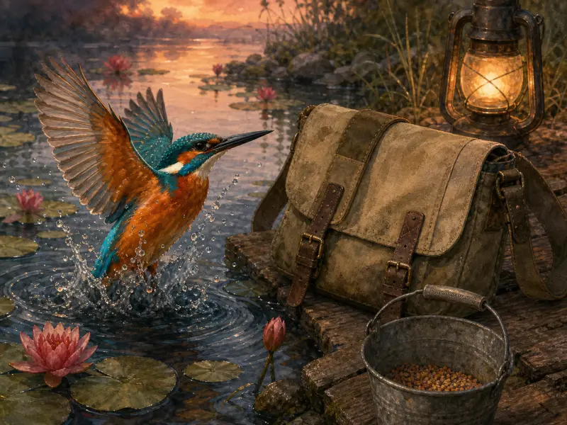 A colorful kingfisher taking flight from a lily pond beside a wooden dock with a satchel and glowing lantern.