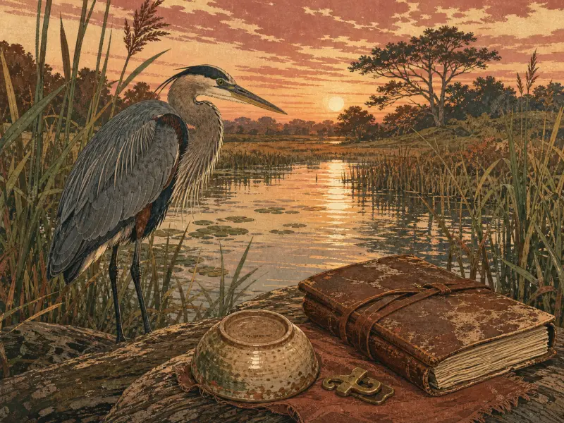 A great blue heron standing by a sunset marsh next to an old leather journal and ceramic bowl on a log.