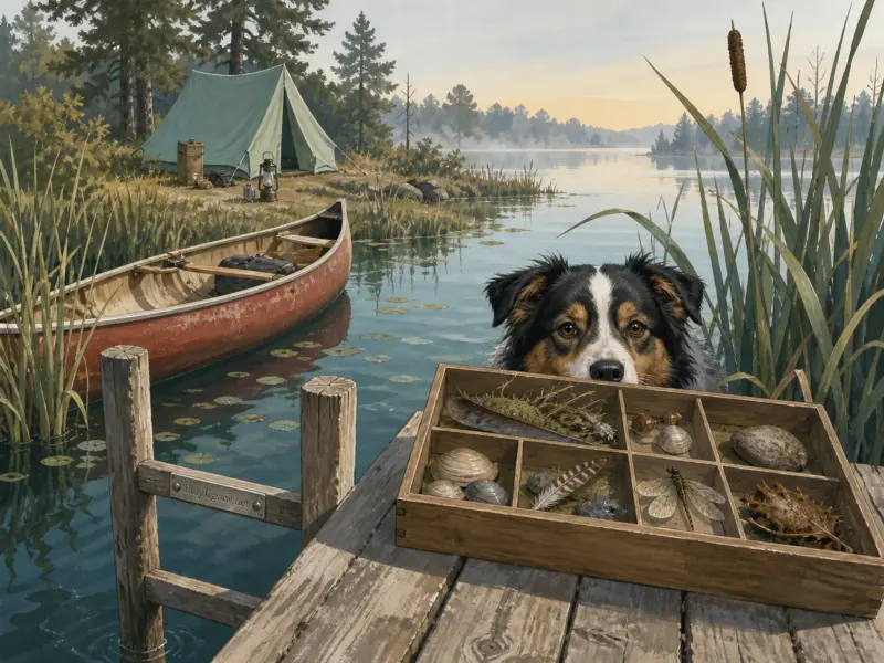 An Australian Shepherd peeks over a wooden dock holding a collection box, beside a red canoe on a quiet lake.