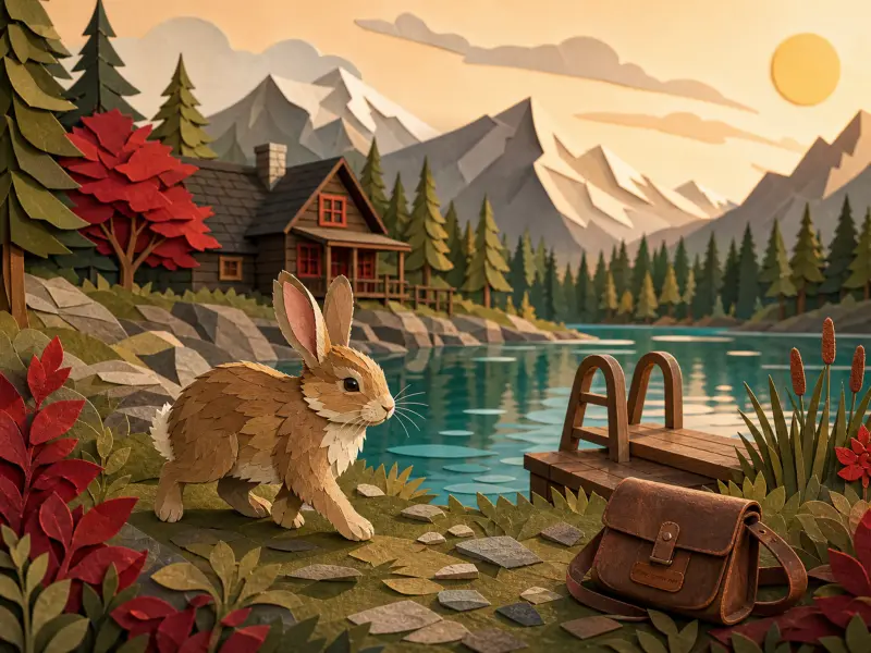 A papercraft rabbit hops by a calm mountain lake with a wooden cabin, dock, and snowy peaks in the background.