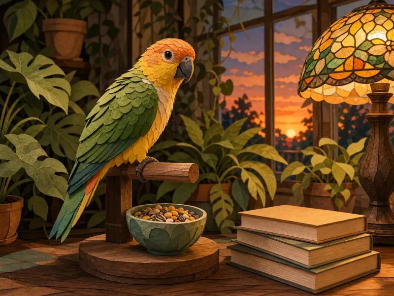 A colorful paper-styled parrot perched beside a bowl of seeds, books, and an illuminated lamp before a sunset window.
