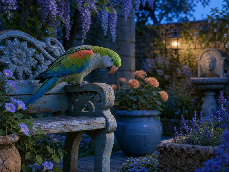 A colorful green and blue parrot perches on an ornate blue wooden bench in a flowering garden courtyard.