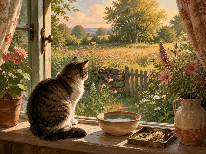 A fluffy tabby cat sits on a sunlit wooden windowsill looking out an open window at a rolling summer meadow.