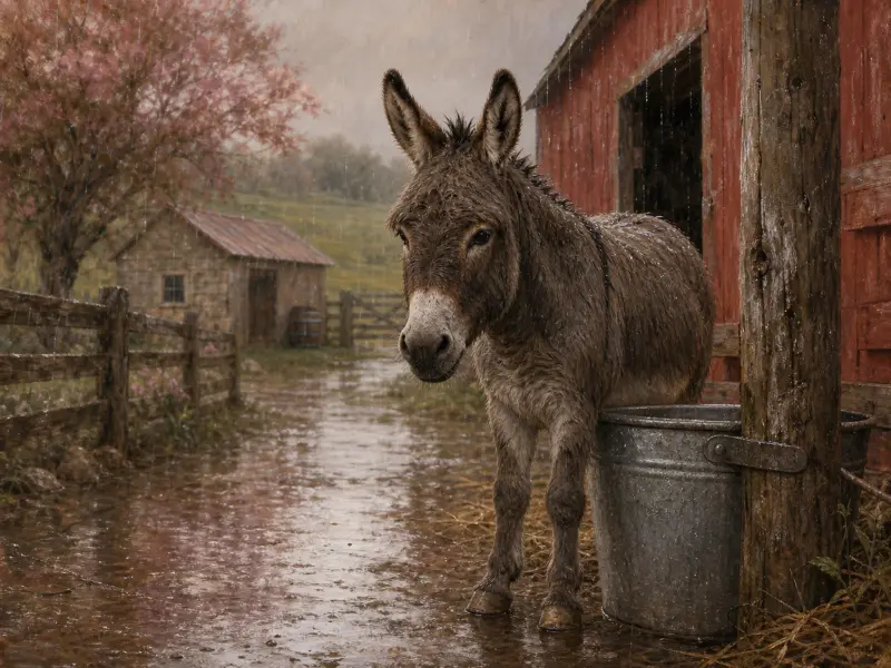 A wet donkey stands beside a galvanized tub outside a weathered red barn in the pouring rain.