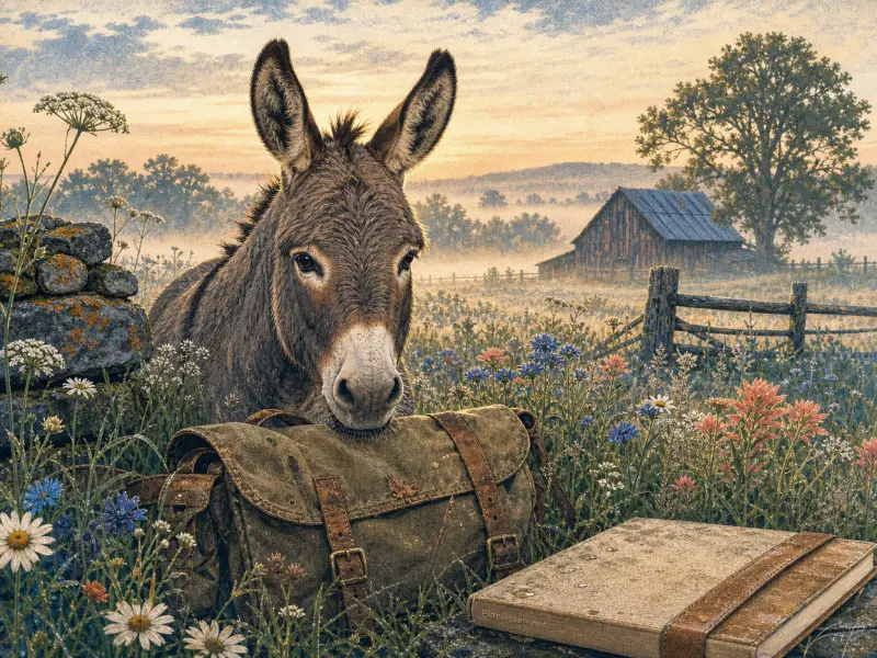 A curious donkey peeks over a worn canvas satchel in a misty wildflower meadow with a barn in the background.