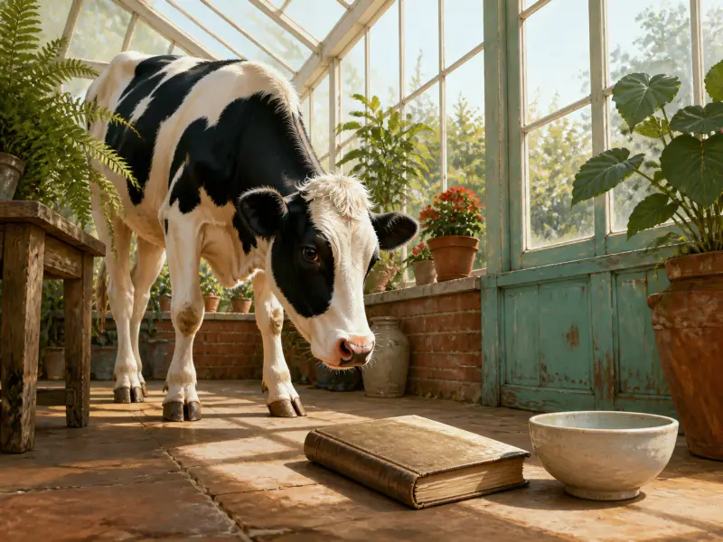 A black and white cow looks down at a large closed book on a tiled floor inside a sunlit greenhouse.