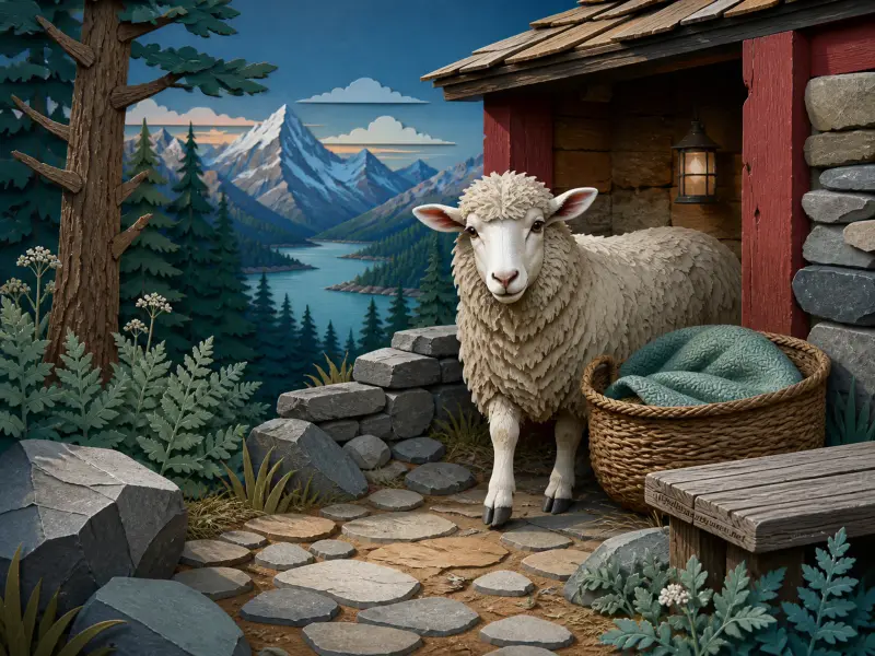 A woolly sheep stands outside a rustic wooden barn overlooking pine forests, an alpine lake, and snowy mountains.
