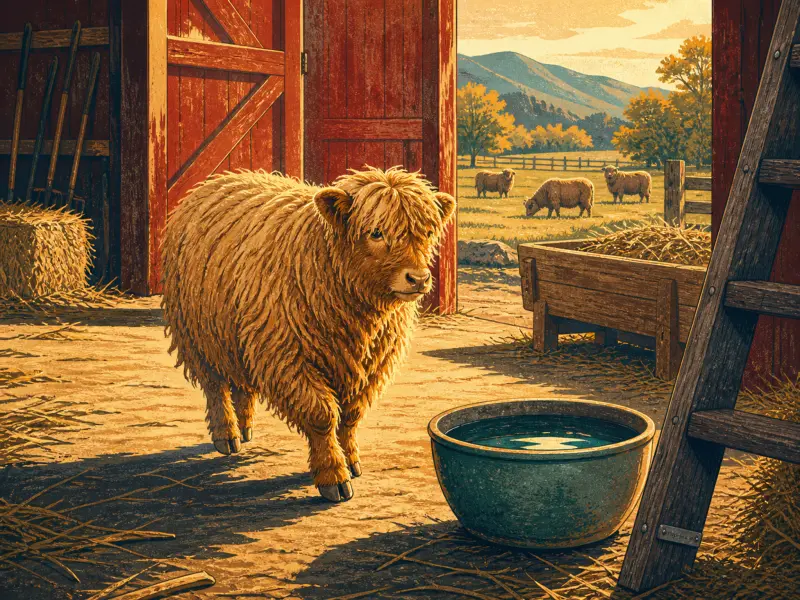 A fluffy golden calf walking out of a red barn doorway next to a water bowl, with sheep grazing in a meadow behind.