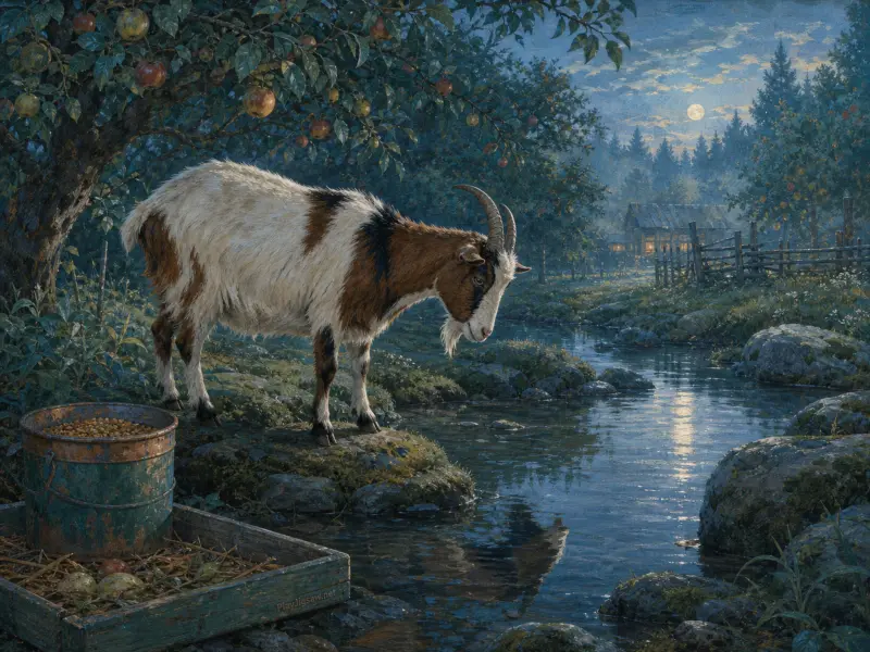 A brown and white horned goat stands beside a calm stream under a full moon near an apple tree.