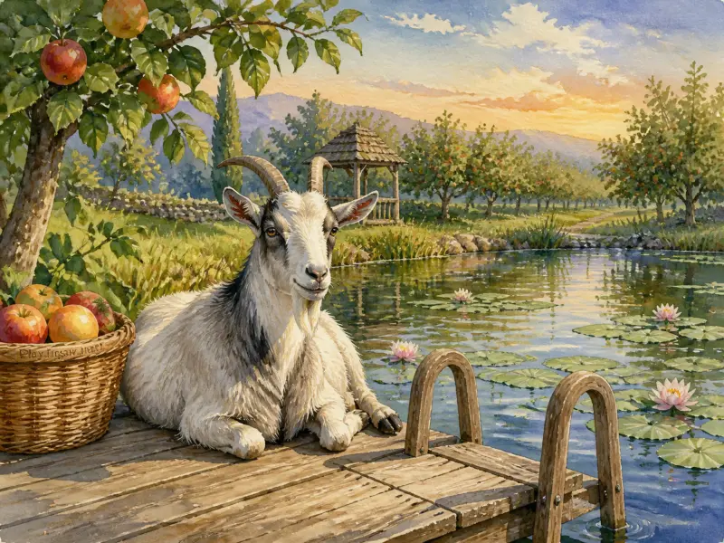 A goat rests on a wooden dock next to a basket of apples beside a pond with water lilies.