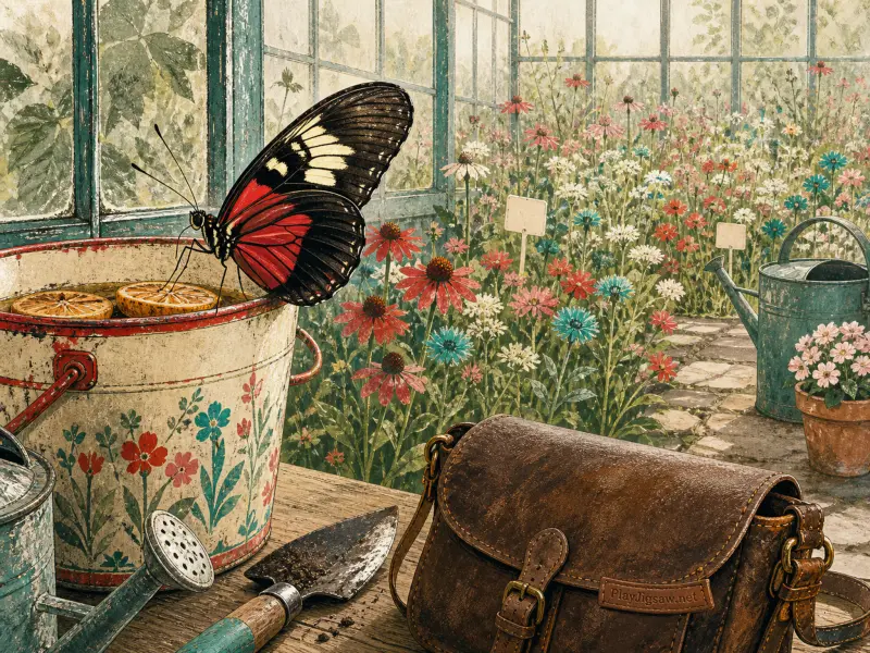 A large black and red butterfly perches on a bucket beside a leather bag in a flower-filled greenhouse.