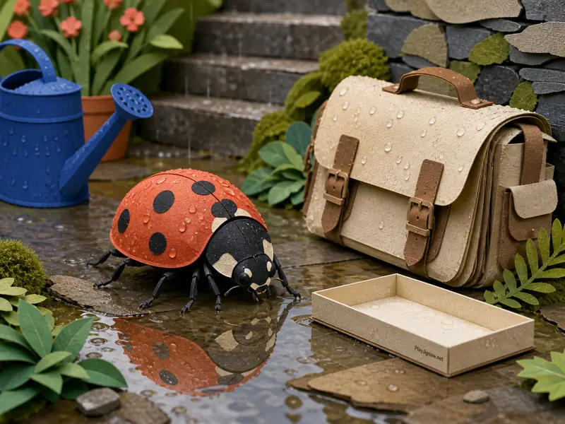 A crafted paper ladybug stands beside a puddle, a miniature satchel, and a blue watering can in the rain.