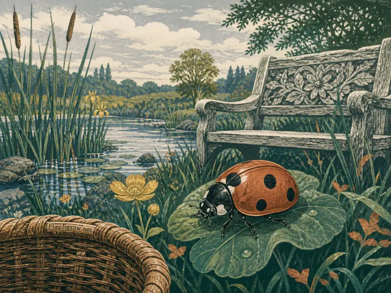 A spotted ladybug sits on a green leaf beside an ornate wooden park bench and a pond with cattails.