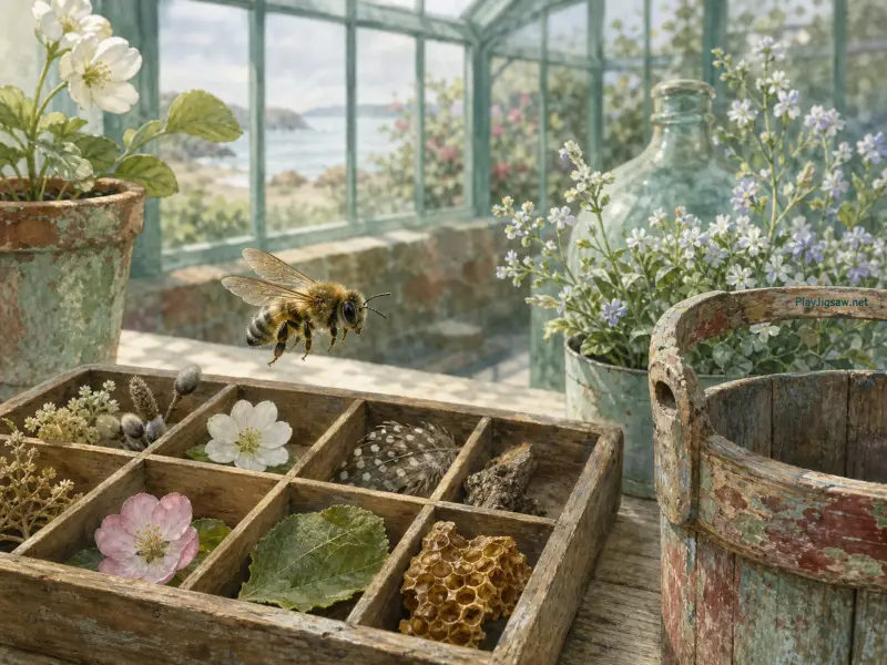 A honeybee hovers over a wooden specimen tray inside a rustic greenhouse overlooking the sea.