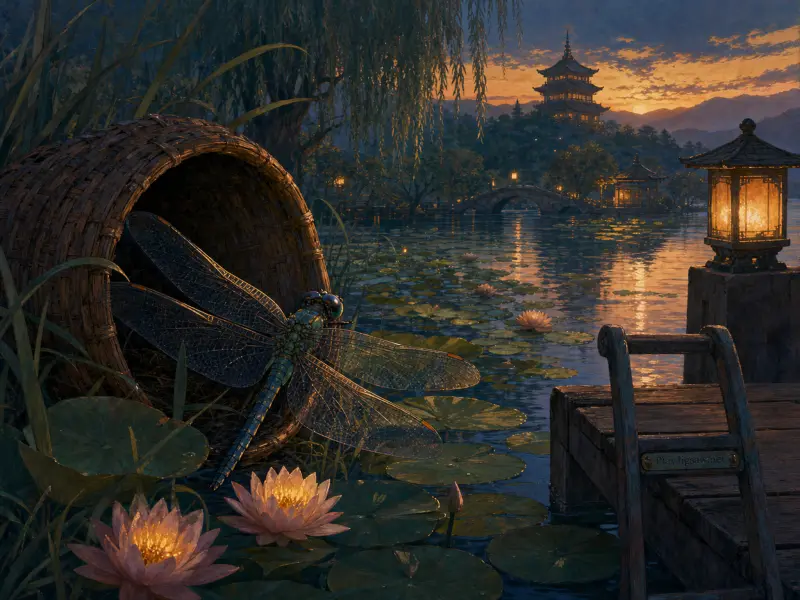 A large dragonfly rests near water lilies on a lake, with a glowing lantern and distant pagoda at sunset.