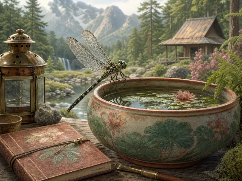 A green dragonfly perches on a ceramic bowl with lily pads beside an old lantern and mountain cabin.