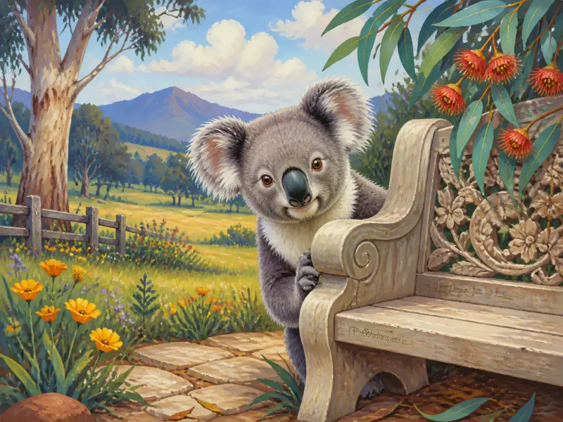 A curious koala peeking from behind an ornate stone bench in a sunny Australian landscape with wildflowers.