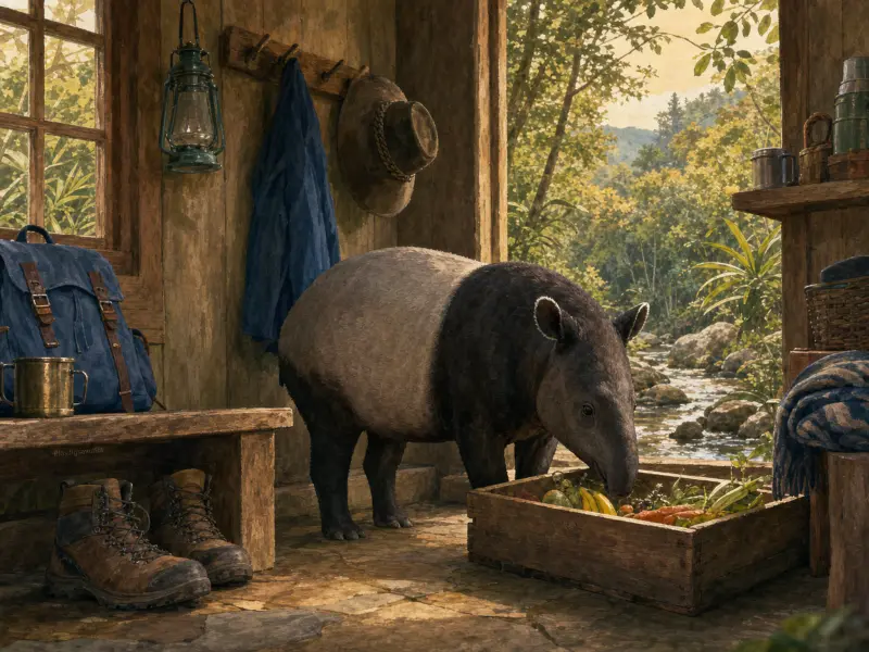 A Malayan tapir sniffs a crate of produce inside a rustic wooden cabin overlooking a forest stream.