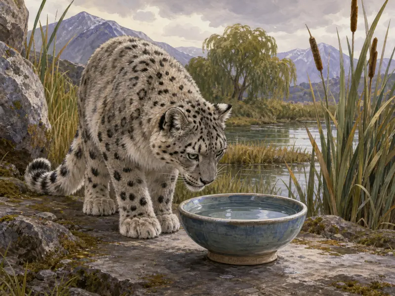 A snow leopard leans toward a ceramic bowl of water on rocky ground beside a mountain pond.