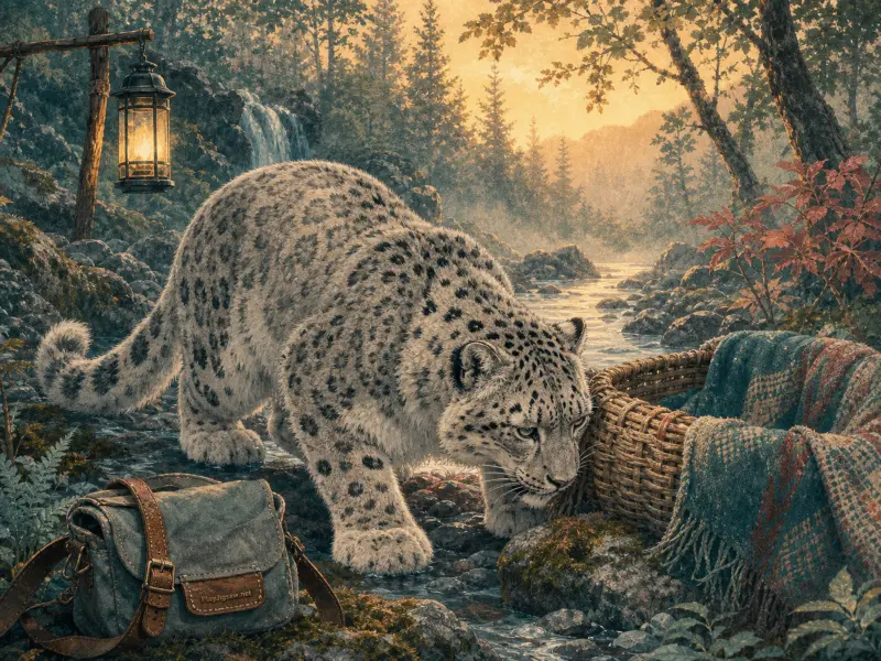 A snow leopard explores a rocky forest creek near a glowing lantern, shoulder bag, and woven picnic basket.