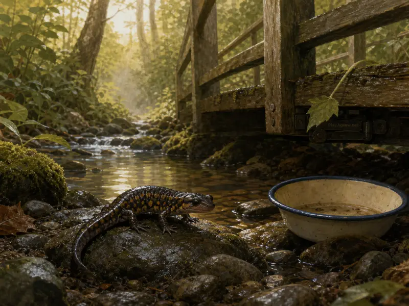 A spotted salamander sits on a wet river stone near an enamel bowl beneath a rustic wooden bridge.