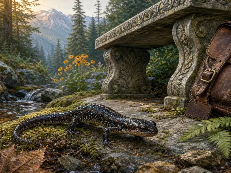 A dark spotted salamander crawls across mossy stones next to an ornate stone bench in a mountain forest.