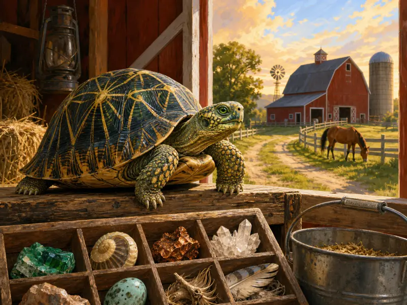 A patterned tortoise sits on a barn sill beside a tray of minerals, looking out at a red barn and grazing horse.