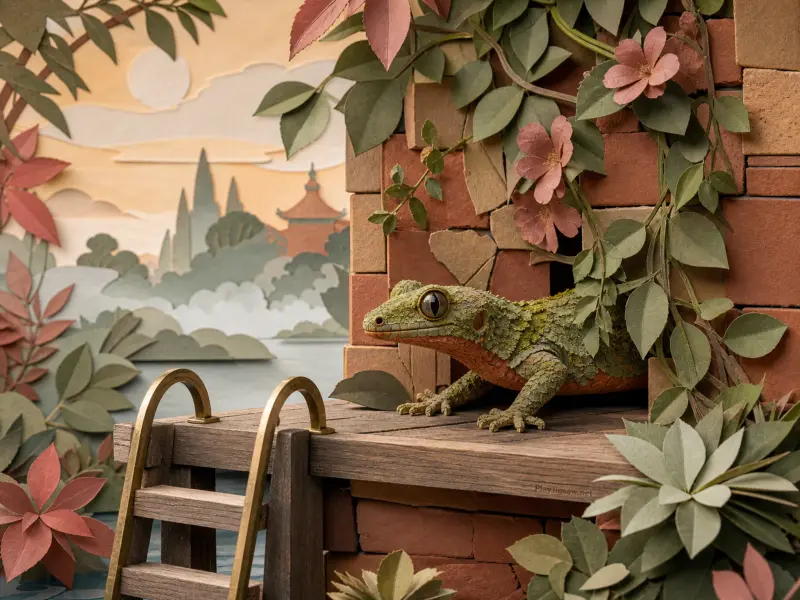 A green textured gecko emerges from a brick opening onto a wooden platform beside climbing vines and a ladder.