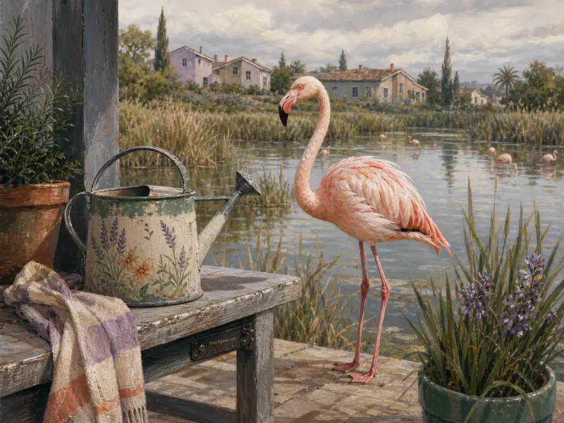 A pink flamingo standing on a stone terrace beside a rustic bench and painted watering can overlooking a lagoon.
