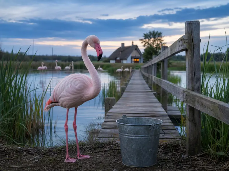A pink flamingo stands beside a metal bucket next to a wooden pier crossing a quiet pond at dusk.