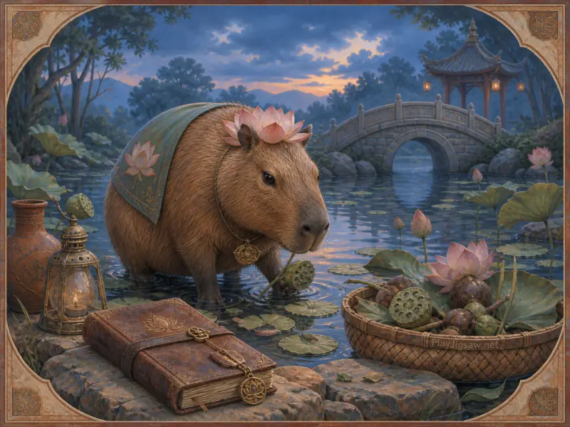 A gentle capybara adorned with a lotus flower stands in a tranquil garden pond beside an arched bridge.