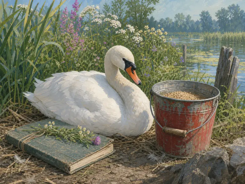 A white swan resting on a lake shore next to a red bucket of feed and an antique book tied with wildflowers.