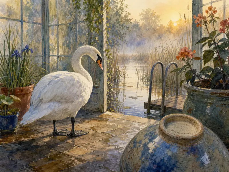 A white swan stands on a tiled conservatory terrace overlooking a misty pond at sunrise.