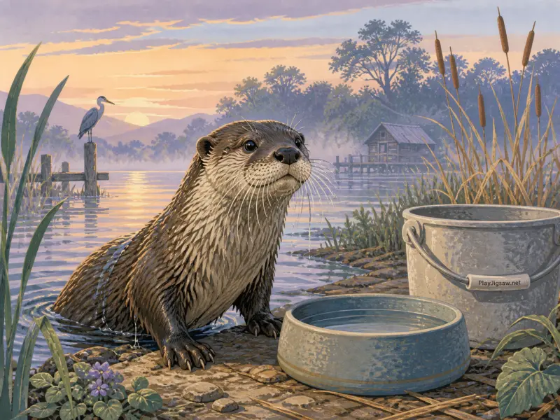 A river otter crawls onto a stony shore beside a bucket and bowl with a misty lake at sunrise in the background.
