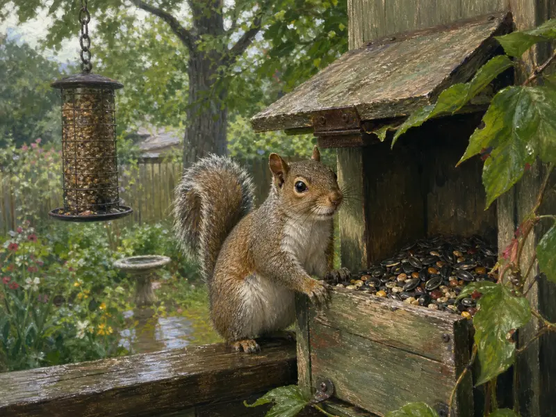A damp grey squirrel stands beside a wooden feeder packed with sunflower seeds in a rain-soaked green garden.