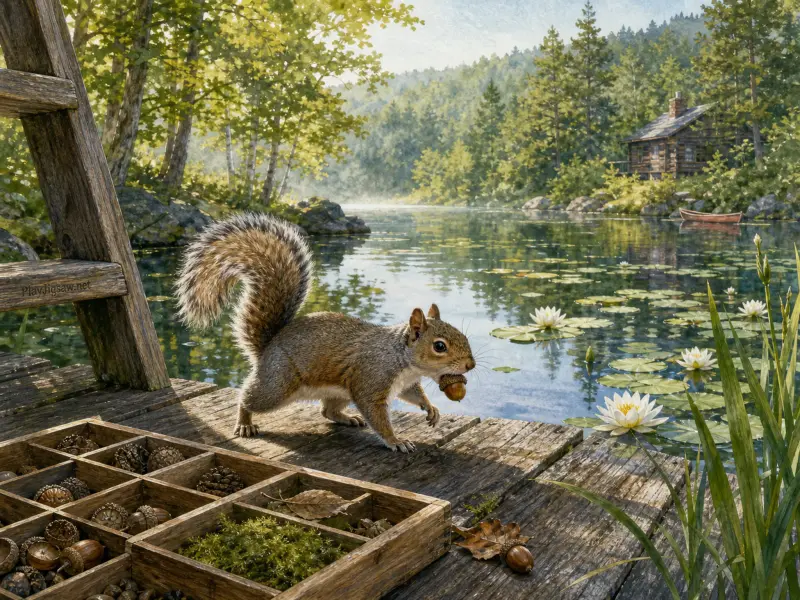 A squirrel carries an acorn across a wooden dock by a calm lake dotted with blooming water lilies.