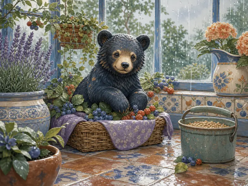 A black bear cub sitting in a berry-filled basket inside a cozy sunroom with rain-streaked windows.