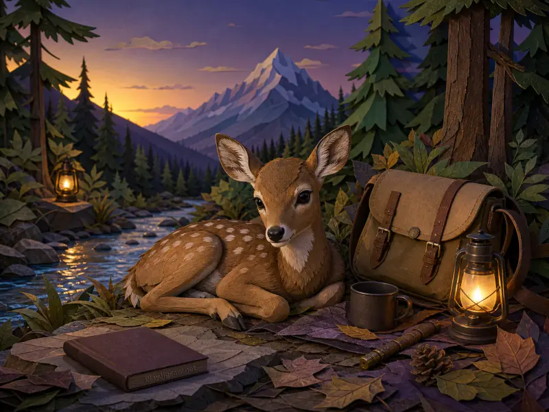 A spotted fawn resting beside a backpack, lantern, and book near a mountain stream at sunset.
