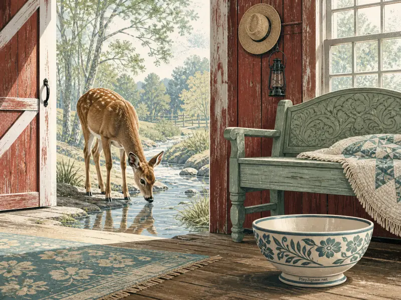 A young deer drinking from a stream viewed through an open red barn door beside a rustic wooden bench.