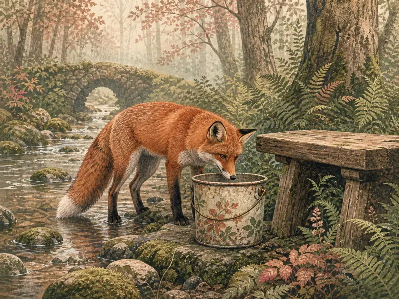 A red fox inspects a rustic bucket by a rocky forest stream near a wooden bench and stone arch bridge.