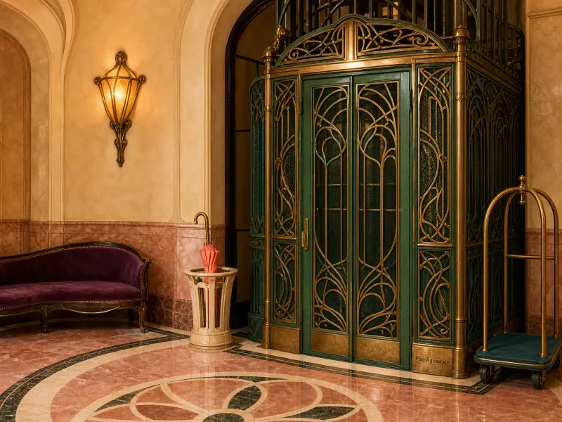 Ornate green and brass elevator in an elegant hotel lobby with polished pink marble floors and a purple settee.