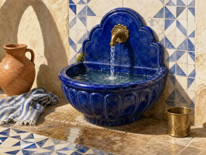 A glossy blue ceramic wall fountain with an ornate spout pouring water, beside a terracotta jug and mosaic tiles.