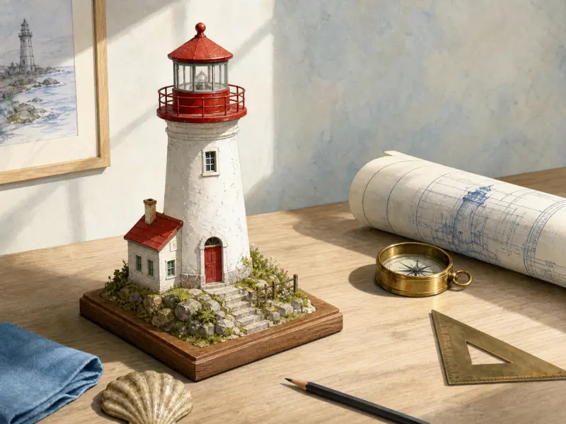 A miniature lighthouse model rests on a wooden desk beside rolled architectural blueprints and a brass compass.