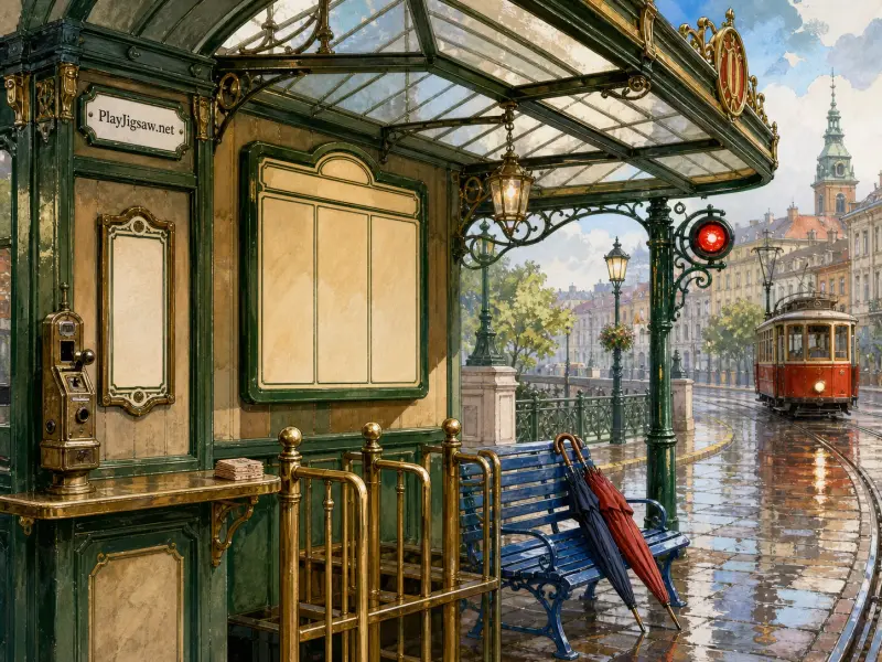 An ornate green tram pavilion with a glass canopy, blue bench with umbrellas, and a red tram on wet cobblestones.