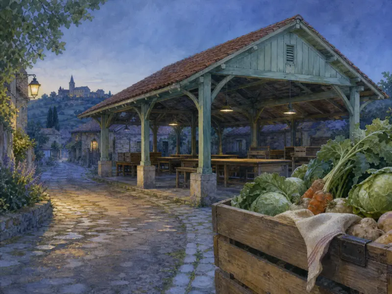 An open wooden market pavilion on a cobblestone village street at twilight, with a vegetable crate in the foreground.