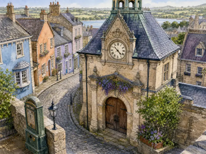 A stone clock tower along a cobbled village street with colorful houses and a bay in the distance.
