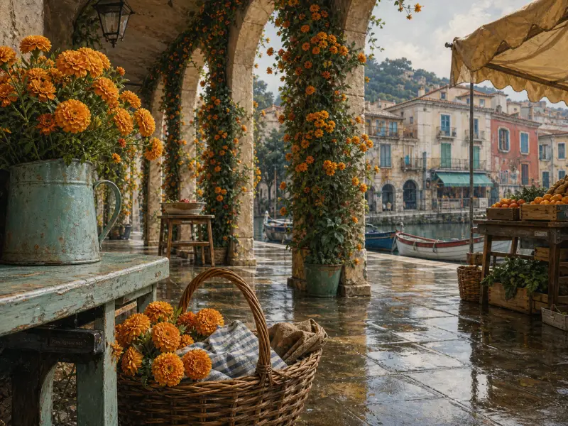 Rainy stone arcade draped in orange flowers overlooking a canal with boats and colorful village buildings.