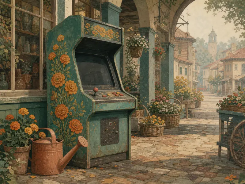 A teal retro arcade cabinet with painted orange flowers sits along a cobblestone street beside woven flower baskets.