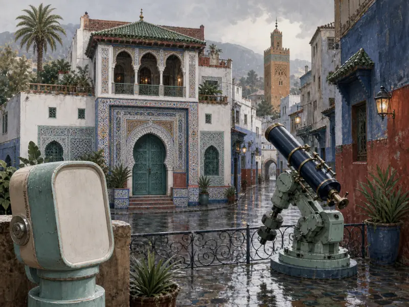 A large telescope stands on a wet courtyard terrace facing ornate Moorish buildings and a distant minaret.